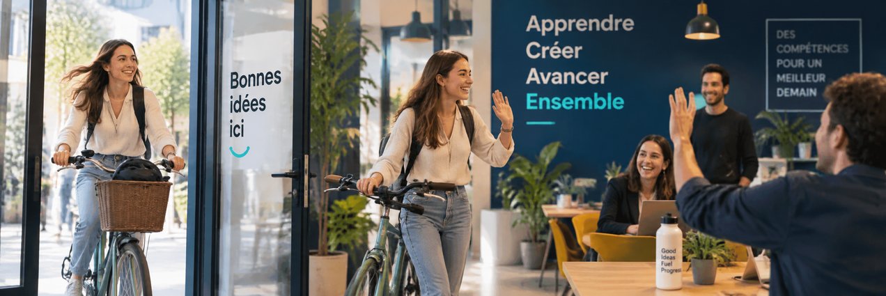 Arrivée d'une nouvelle collaboratrice accueillie par l'équipe dans des bureaux lumineux